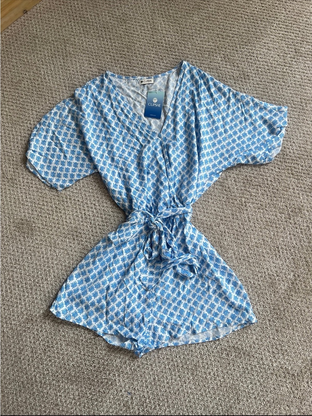 Cupshe Blue & White Printed Romper with Tie Waist